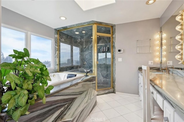 full bathroom with baseboards, recessed lighting, vanity, and tile patterned floors