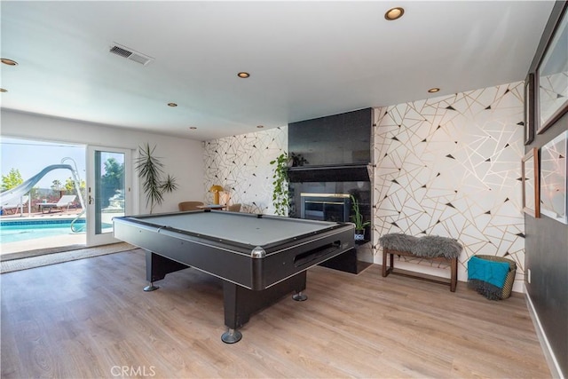 5726 Sunmist Dr, Rancho Palos Verdes, CA 90275 - recreation room featuring billiards table, light wood finished floors, recessed lighting, and a glass covered fireplace