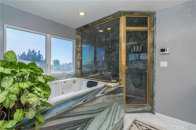 5726 Sunmist Dr, Rancho Palos Verdes, CA 90275 - bathroom with a marble finish shower, a whirlpool tub, recessed lighting, and tile patterned flooring
