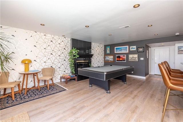 5726 Sunmist Dr, Rancho Palos Verdes, CA 90275 - game room featuring a large fireplace, wood finished floors, billiards table, baseboards, and recessed lighting