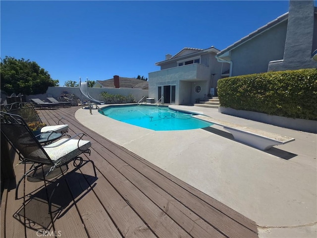 5726 Sunmist Dr, Rancho Palos Verdes, CA 90275 - view of pool featuring a water slide, a patio area, and a diving board