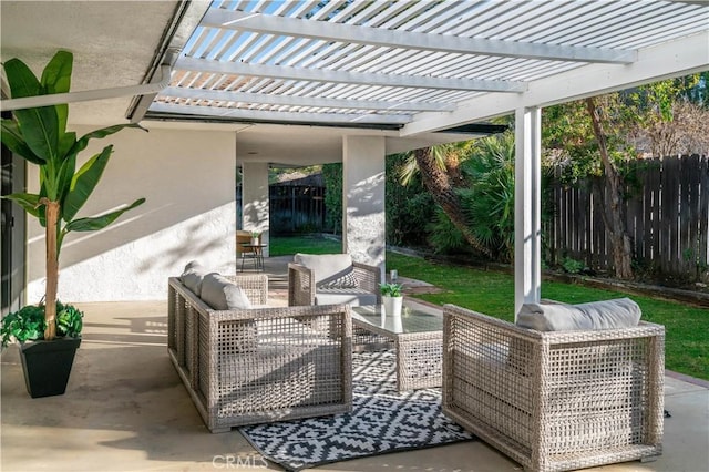 view of patio featuring outdoor lounge area, fence, and a pergola