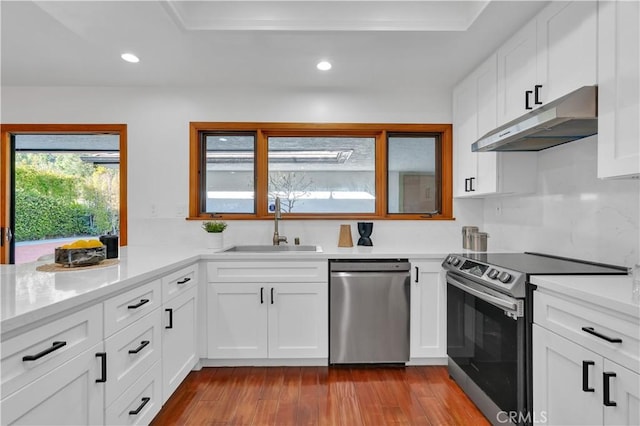 kitchen with white cabinets, light wood-style floors, appliances with stainless steel finishes, under cabinet range hood, and a sink