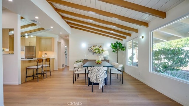 dining room with visible vents, baseboards, vaulted ceiling with beams, light wood-style floors, and recessed lighting