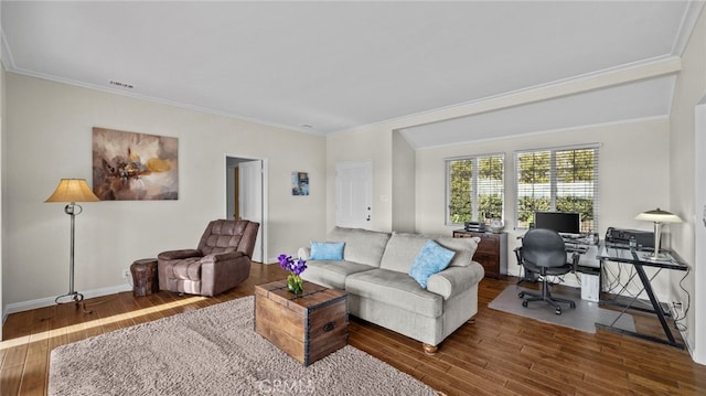 living area with crown molding, visible vents, and dark wood-style flooring