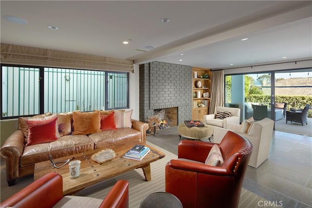 140 Crescent Bay Dr, Laguna Beach, CA 92651 - living area with recessed lighting and a brick fireplace
