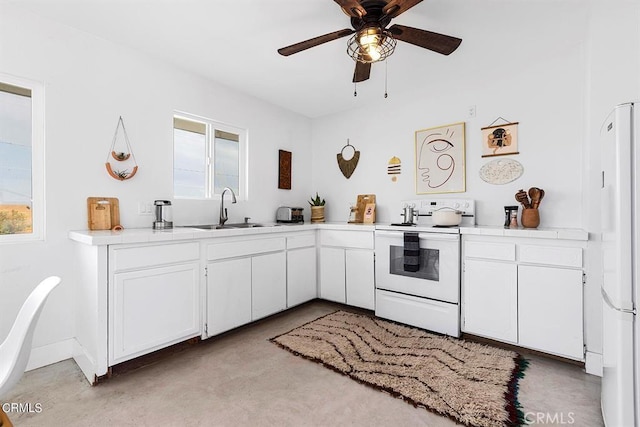 kitchen featuring ceiling fan, white appliances, a sink, white cabinets, and light countertops