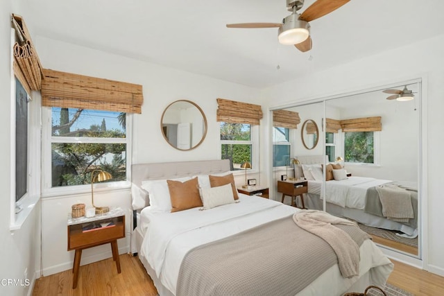 bedroom featuring light wood-type flooring, multiple windows, and ceiling fan