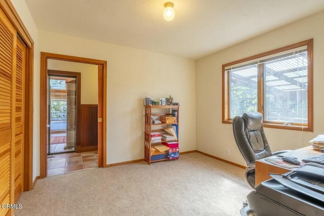 office area featuring light colored carpet, baseboards, and plenty of natural light
