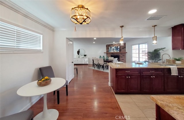 kitchen featuring a sink, dark brown cabinets, visible vents, pendant lighting, and ornamental molding