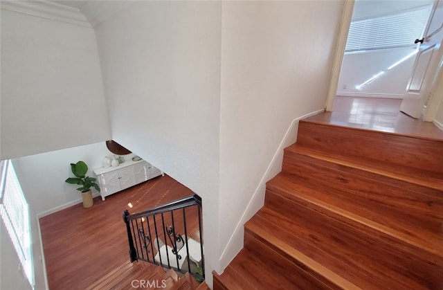 staircase featuring baseboards, wood finished floors, and ornamental molding