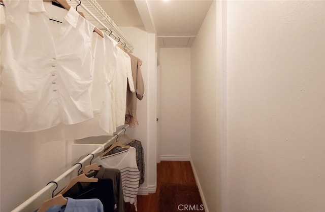 spacious closet with attic access and wood finished floors