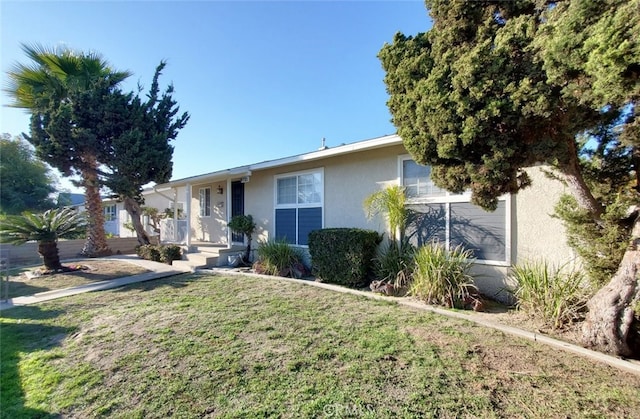 ranch-style home featuring a front lawn and stucco siding