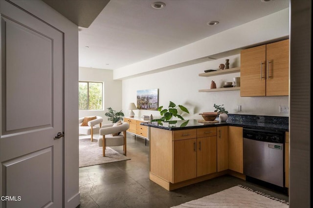 kitchen featuring dishwasher, open floor plan, a peninsula, concrete floors, and open shelves