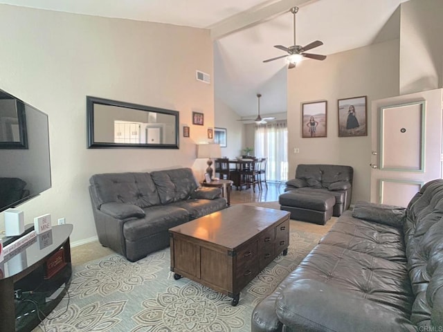 living area with carpet, visible vents, high vaulted ceiling, beamed ceiling, and baseboards