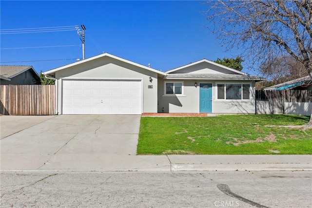 single story home featuring a garage, fence, driveway, stucco siding, and a front yard