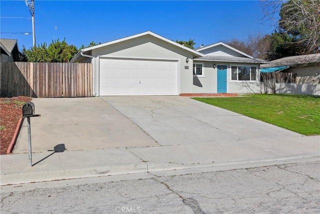 ranch-style home with a front yard, fence, an attached garage, and stucco siding