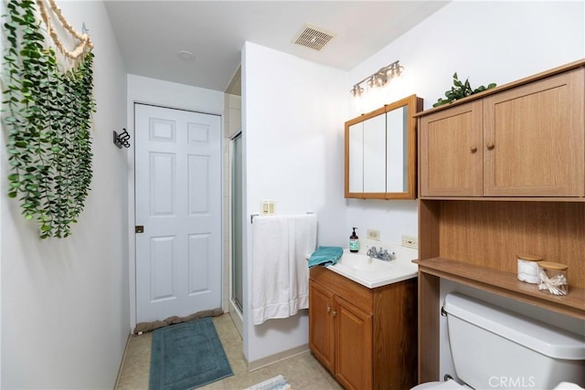 bathroom with toilet, a shower stall, visible vents, and vanity