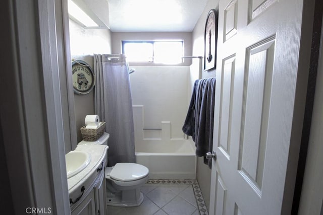 full bathroom featuring vanity, shower / bath combination with curtain, tile patterned flooring, and toilet