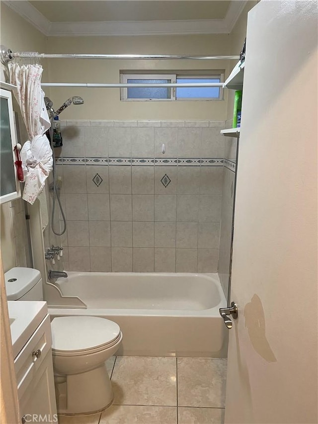 bathroom with shower / bathtub combination with curtain, vanity, and crown molding