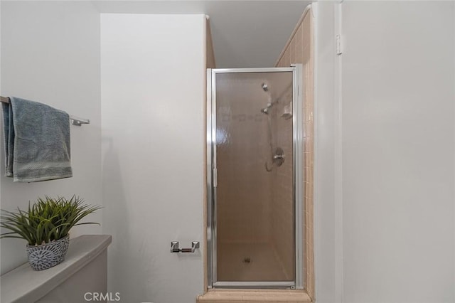 bathroom with a shower stall and toilet