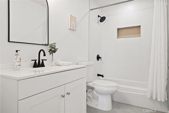 full bathroom featuring toilet, shower / tub combo, tile patterned flooring, and vanity