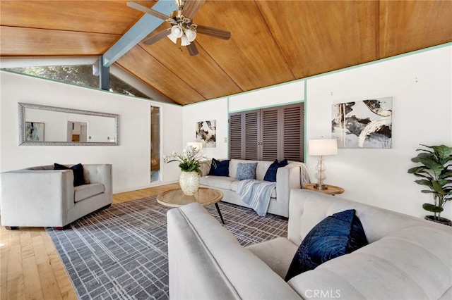 living area with wood ceiling, ceiling fan, lofted ceiling with beams, and wood finished floors