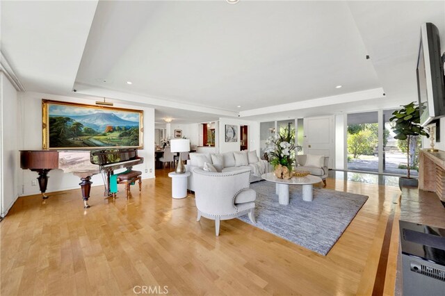 living area with light wood-style flooring and a raised ceiling