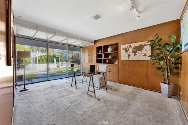 office space with built in shelves, rail lighting, expansive windows, light carpet, and wood walls