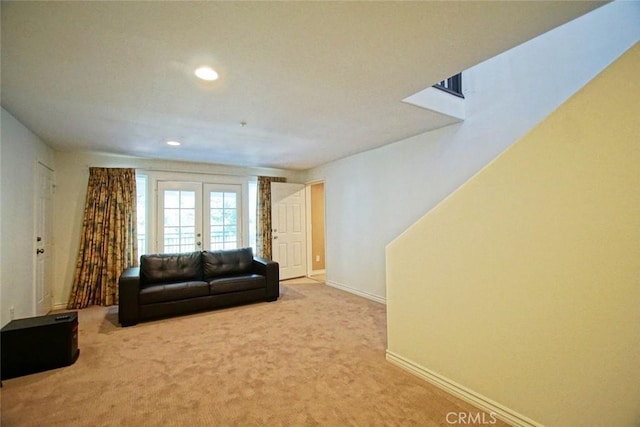 14078 Pollard Rd, Lytle Creek, CA 92358 - living room featuring french doors, recessed lighting, baseboards, and carpet floors