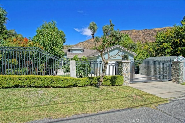 view of gate featuring fence, a mountain view, and a yard