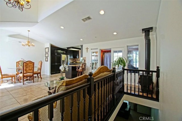 14078 Pollard Rd, Lytle Creek, CA 92358 - living room with recessed lighting, visible vents, a notable chandelier, and vaulted ceiling
