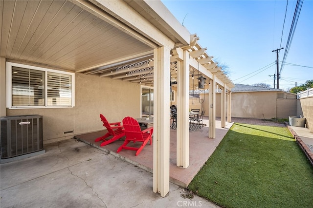 view of patio / terrace with cooling unit, fence, and a pergola