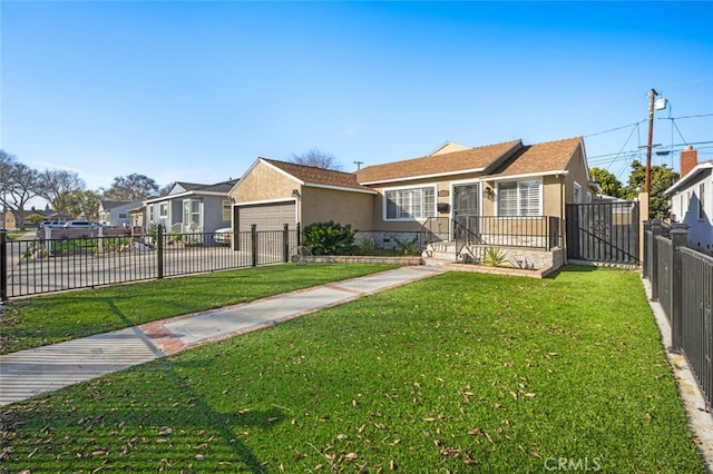 view of front facade with a fenced front yard, a garage, driveway, a residential view, and stucco siding