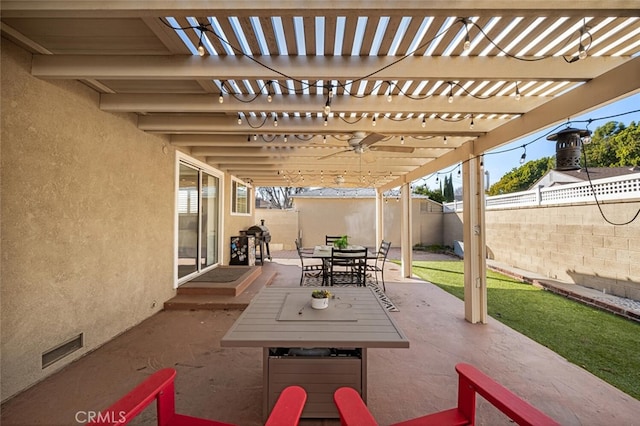 view of patio featuring visible vents, a fenced backyard, a grill, a pergola, and outdoor dining space