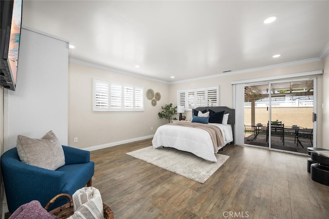 bedroom with recessed lighting, baseboards, access to exterior, ornamental molding, and dark wood finished floors