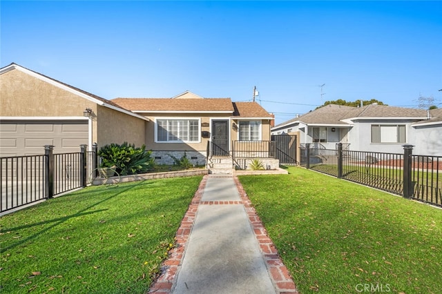 view of front of home with a fenced front yard, a front yard, a garage, and stucco siding