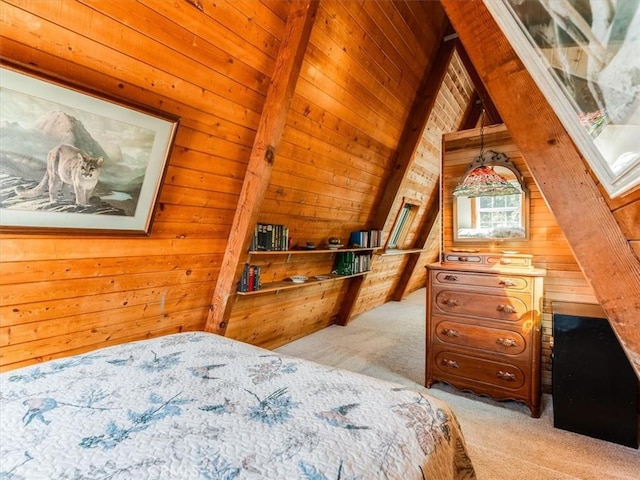 bedroom featuring light carpet, wood ceiling, wooden walls, and lofted ceiling with beams