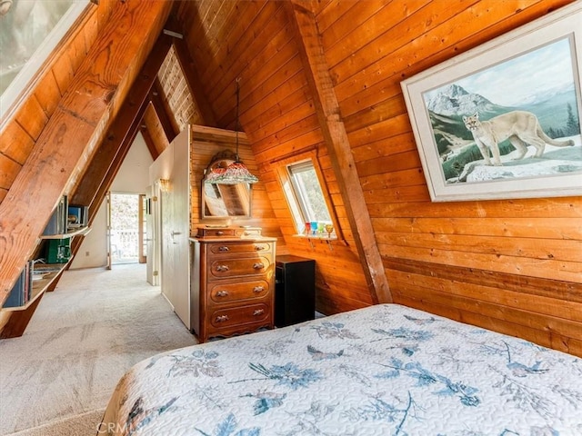 bedroom with lofted ceiling, wooden ceiling, light colored carpet, and wooden walls