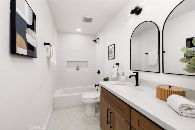 bathroom with  shower combination, visible vents, vanity, and toilet