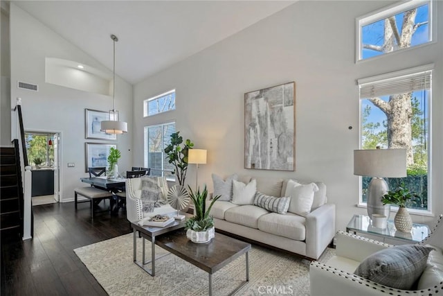 living area with high vaulted ceiling, dark wood finished floors, and a wealth of natural light