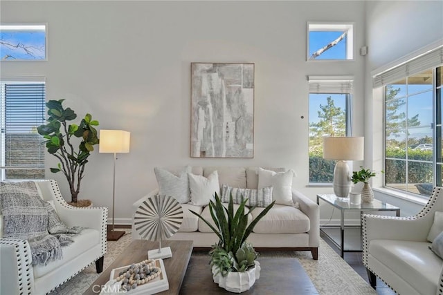 living area featuring wood finished floors and baseboards