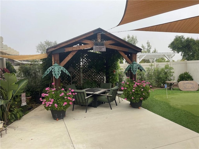 view of patio with outdoor dining space, a fenced backyard, and a pergola