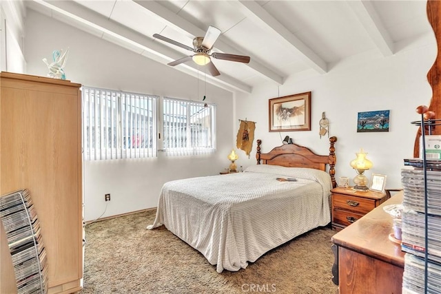 carpeted bedroom with heating unit, vaulted ceiling with beams, and ceiling fan