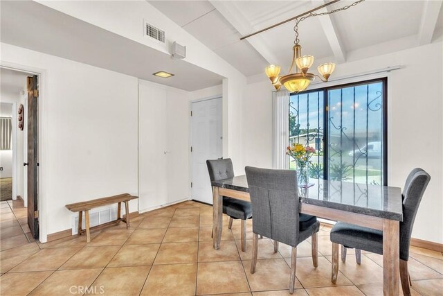 dining area featuring visible vents, light tile patterned flooring, beam ceiling, and an inviting chandelier