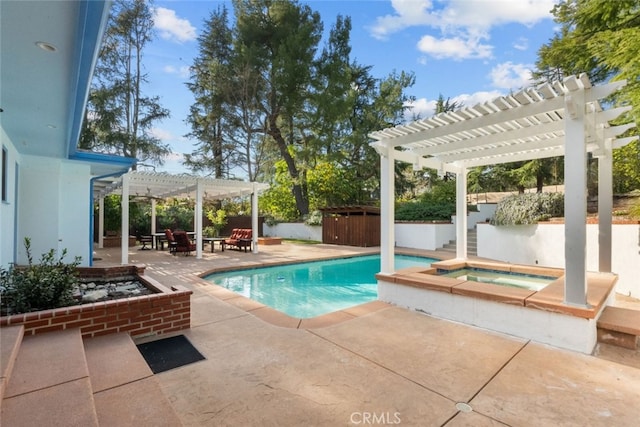 view of pool featuring an in ground hot tub, fence, a fenced in pool, a pergola, and a patio area