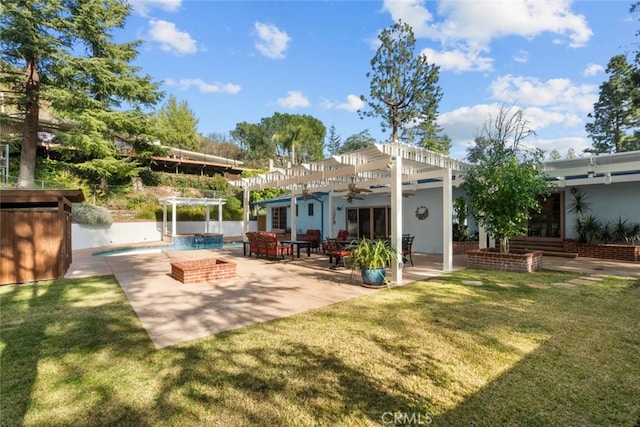 rear view of house featuring a patio, a lawn, a pergola, an outdoor pool, and an outdoor living space