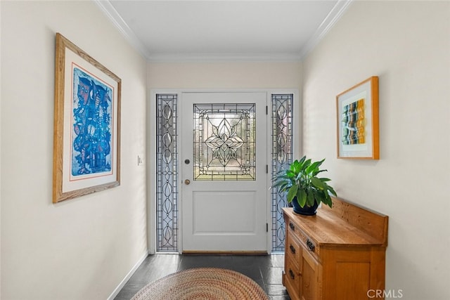 entryway featuring ornamental molding and baseboards