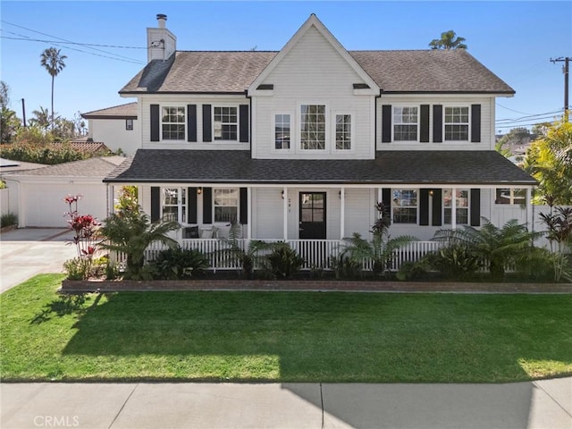 view of front of house with driveway, a chimney, roof with shingles, a porch, and a front yard