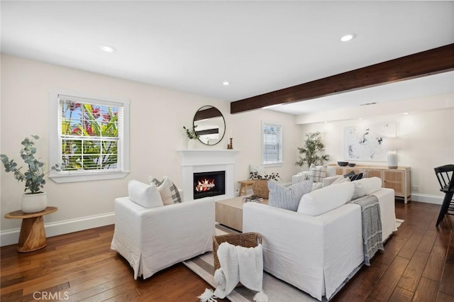 living room with dark wood-style floors, a wealth of natural light, and baseboards